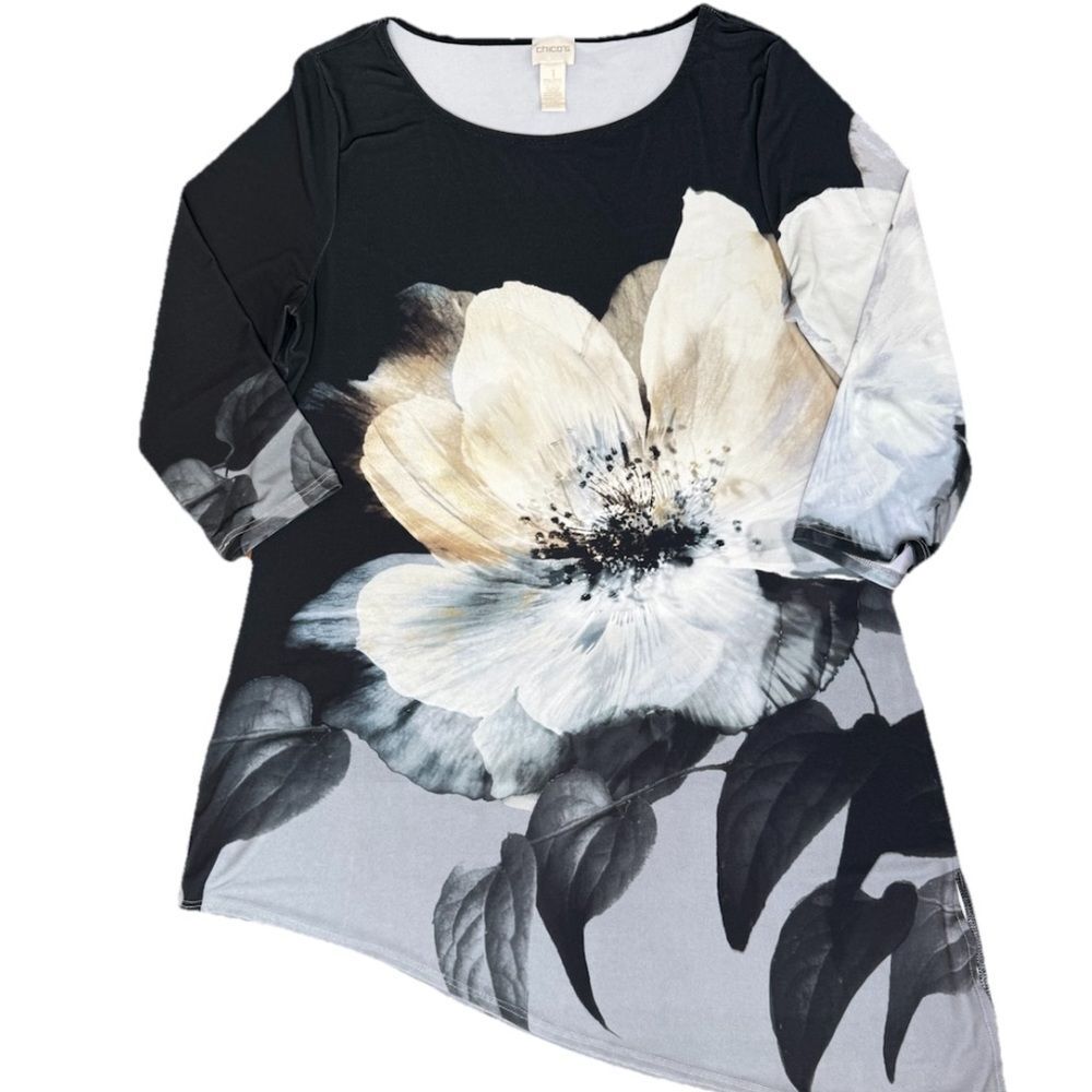 Chico's Tunic Asymmetrical Black Gray Cream Floral Top 3/4 Sleeves Women’s